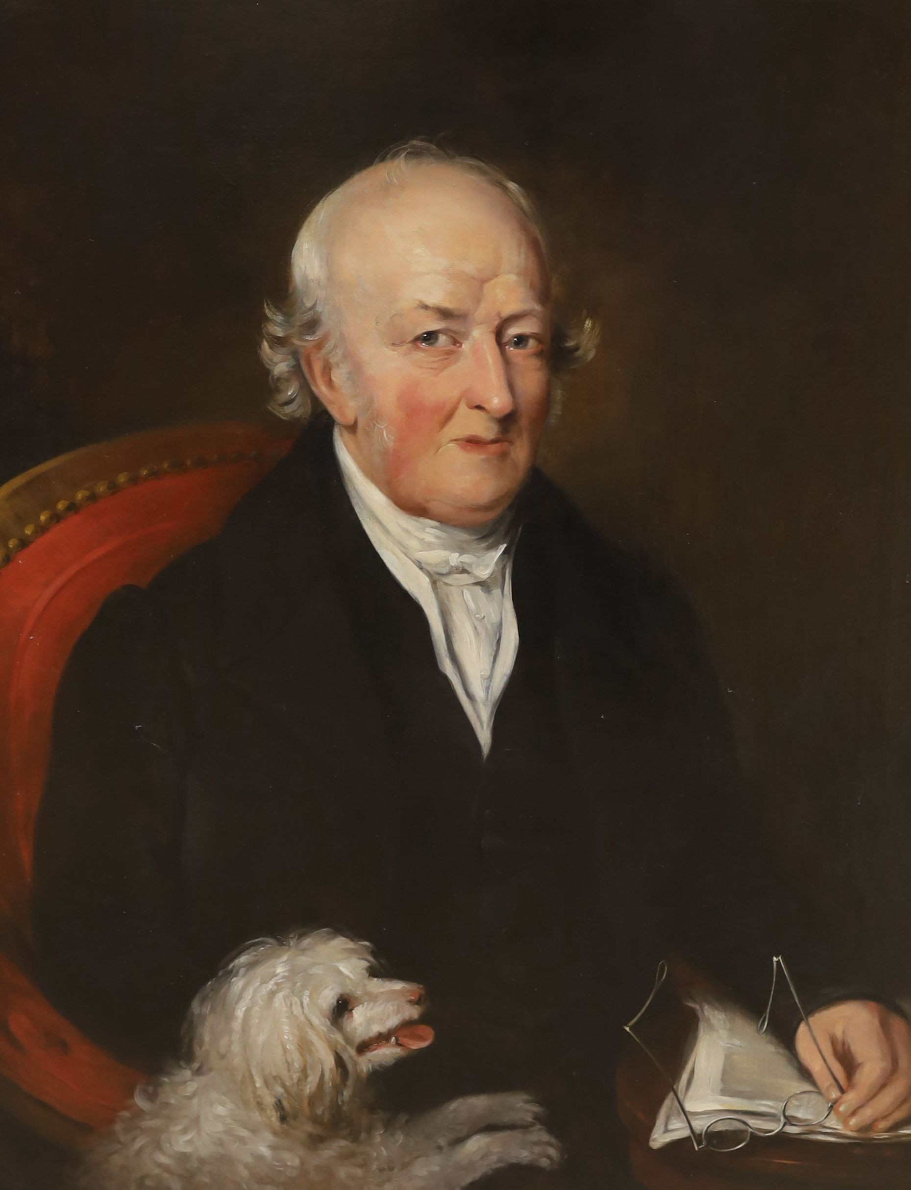 After Sir David Wilkie R.A (1785-1841), oil on canvas, Portrait of a gentleman with terrier, 19 x 69cm